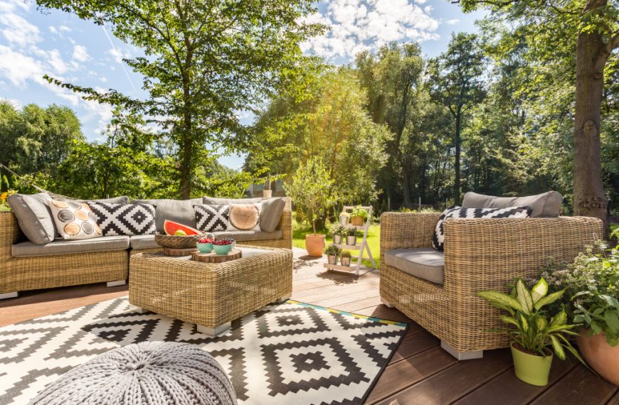 sunny outdoor terrace with furniture